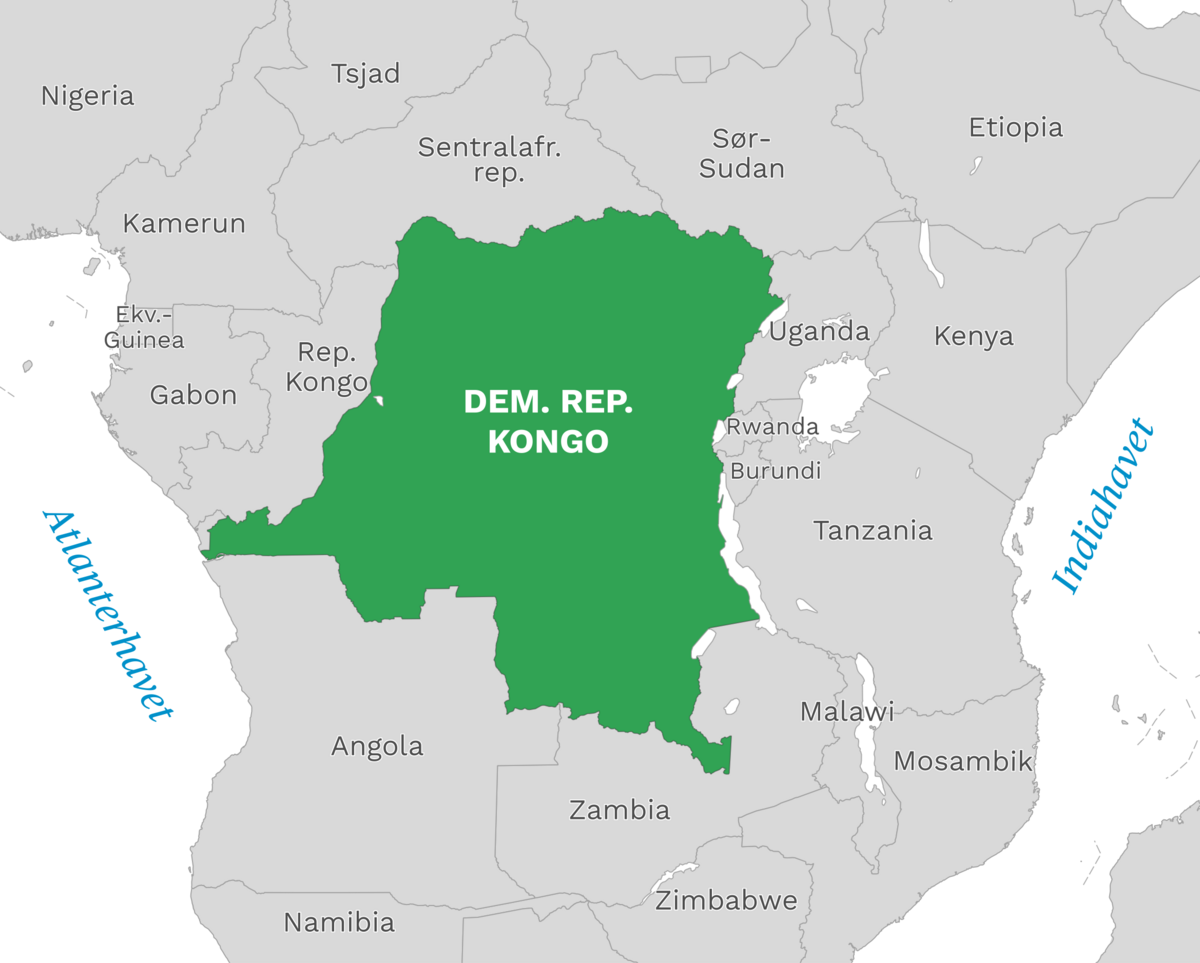 Plassering av Kongo-Kinshasa med naboland rundt, kart.