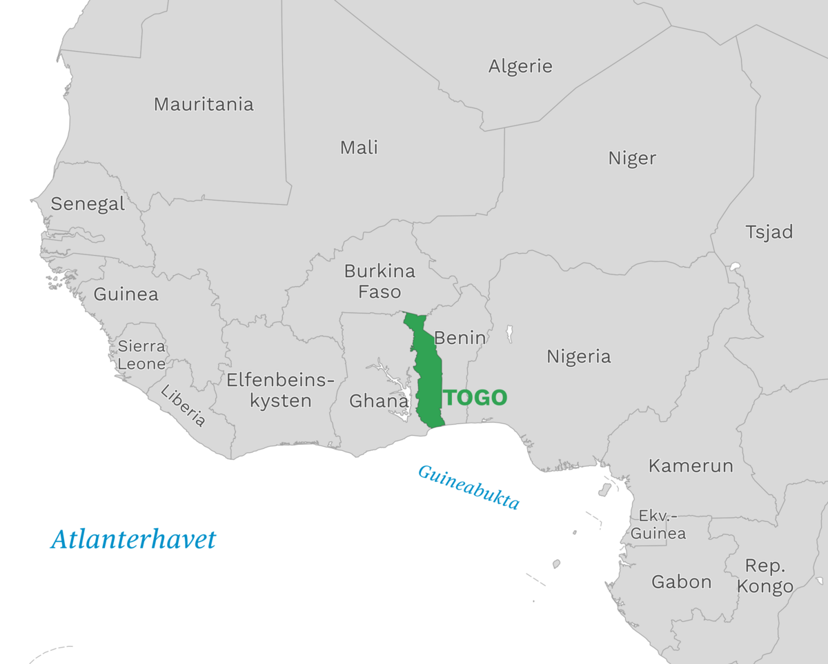 Plassering av Togo med naboland rundt, kart.