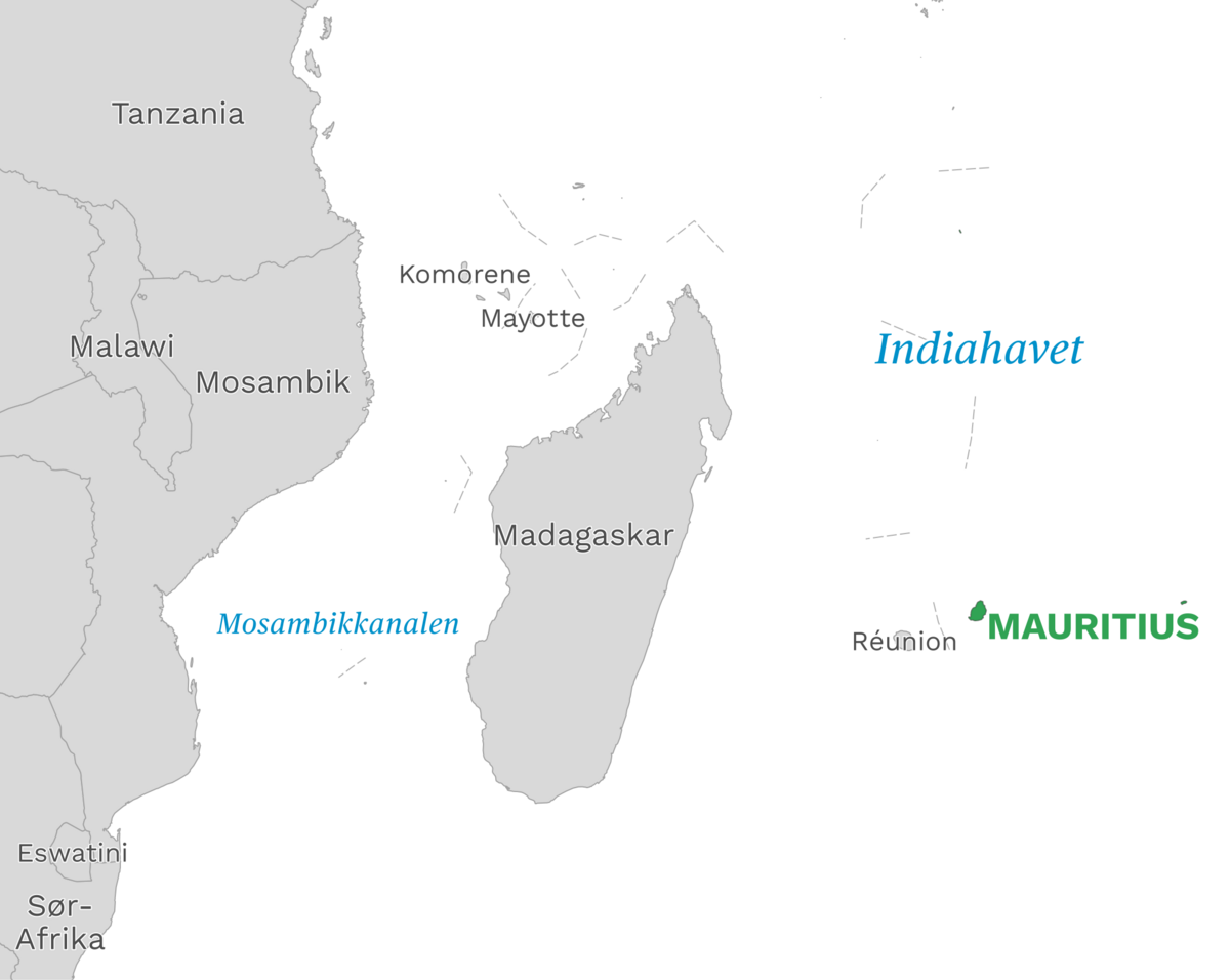 Plassering av Mauritius med naboland rundt, kart.
