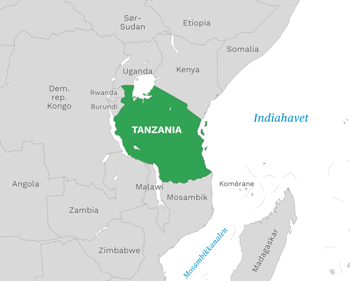 Plassering av Tanzania med naboland rundt, kart.