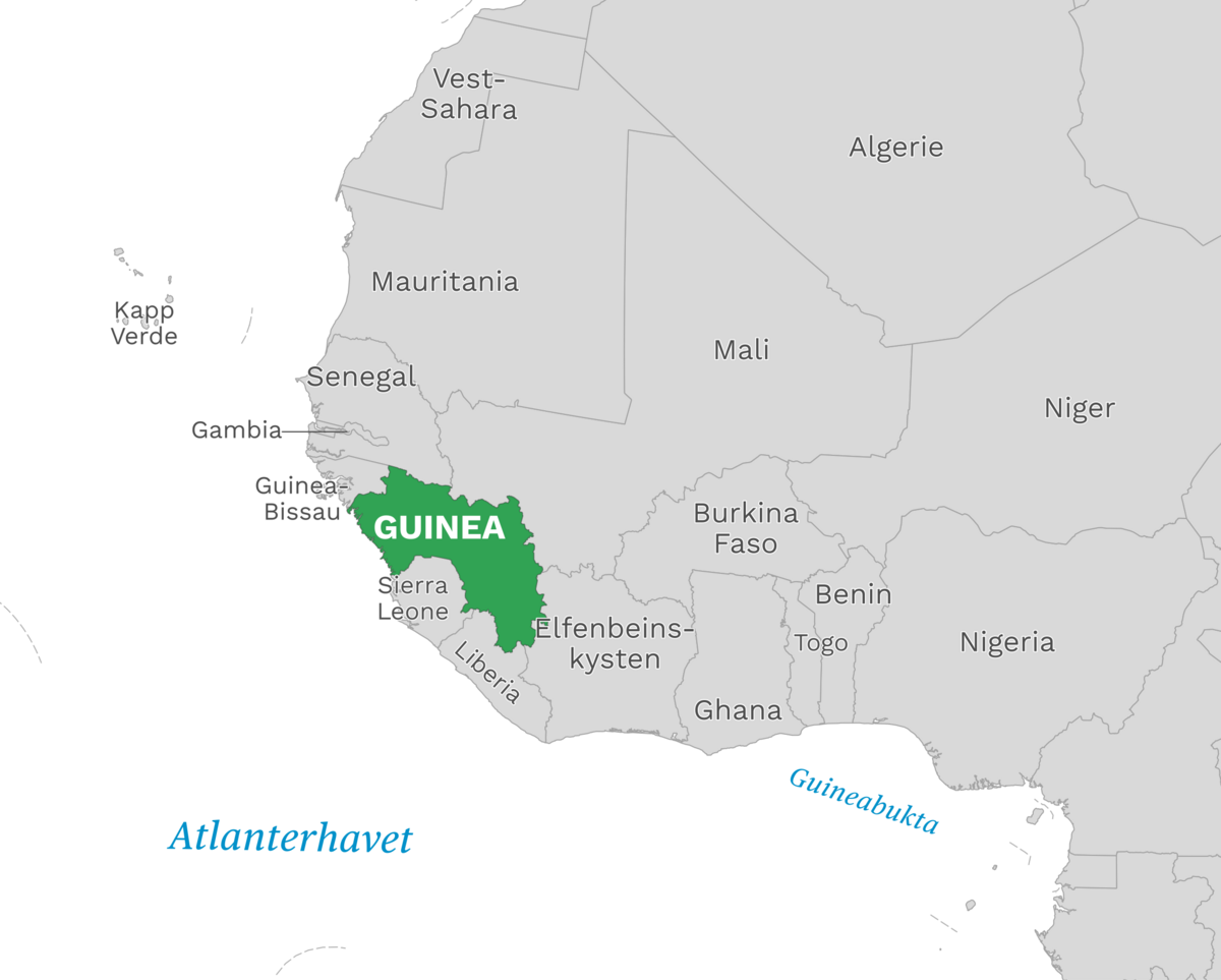 Plassering av Guinea med naboland rundt, kart.
