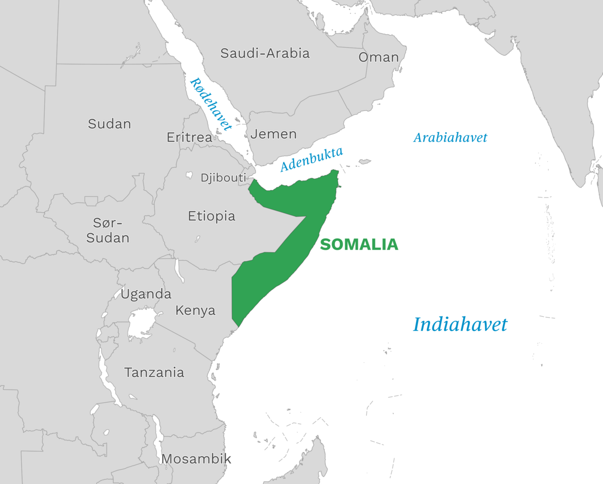 Plassering av Somalia med naboland rundt, kart.