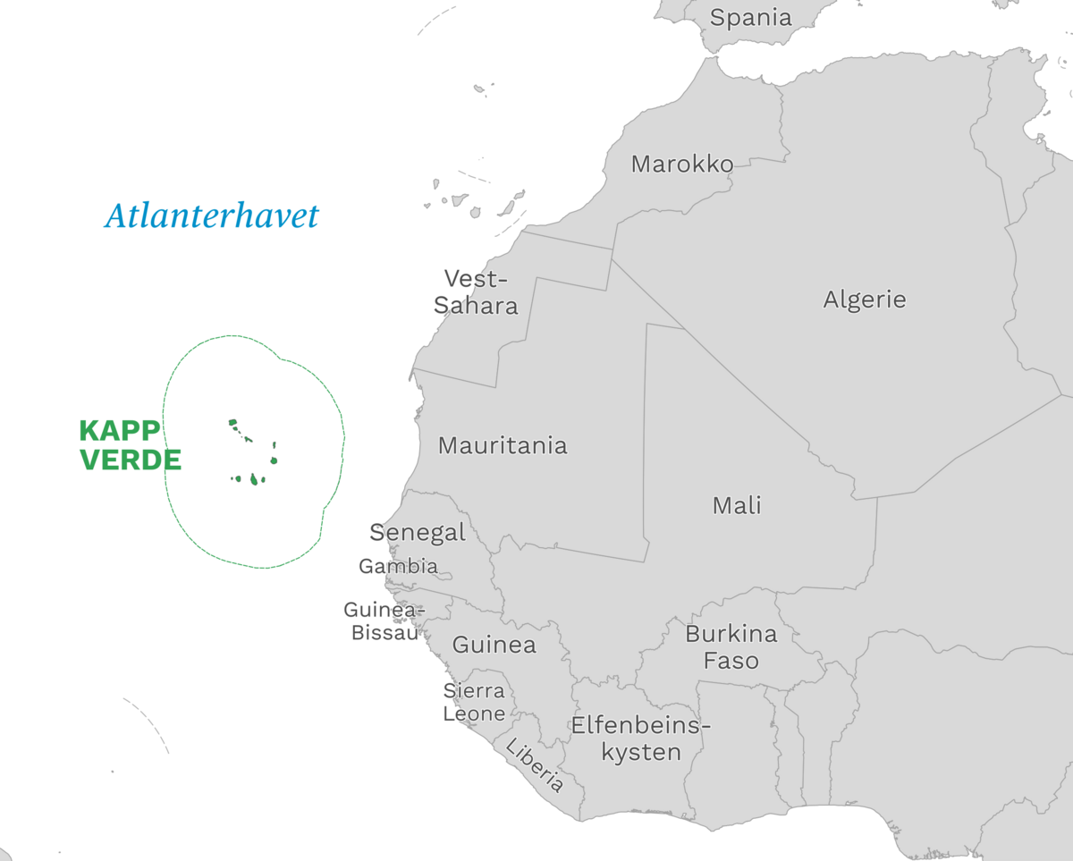 Plassering av Kapp Verde med naboland rundt, kart.