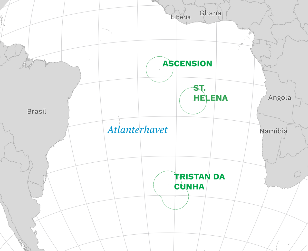 Plassering av St. Helena, Ascension og Tristan da Cunha med naboland rundt, kart