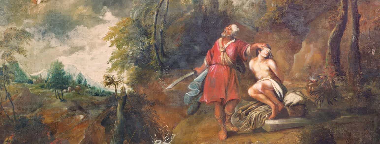 Maleri av Abraham som står over sønnen Isak med en kniv. Isak har bind for øynene.