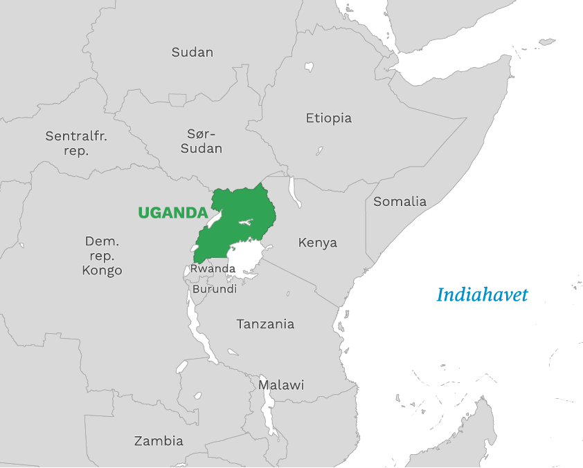 Plassering av Uganda med naboland rundt, kart.