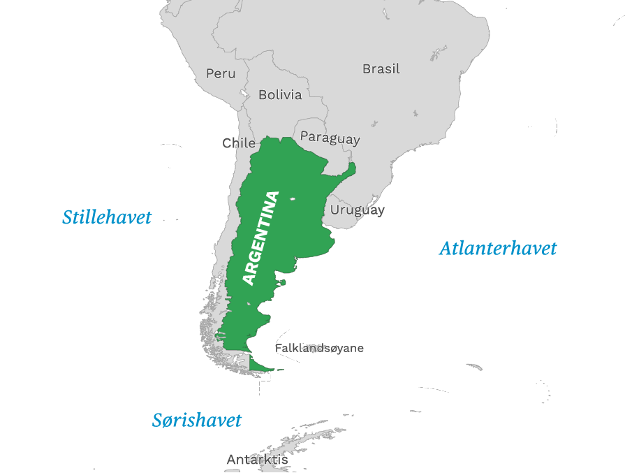 Plassering av Argentina med naboland rundt, kart.
