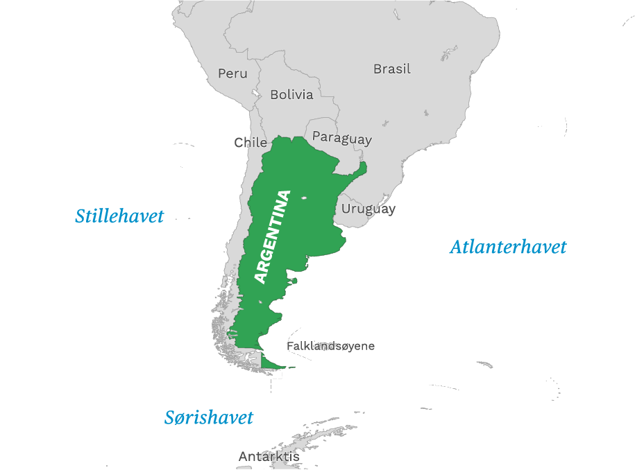 Plassering av Argentina med naboland rundt, kart.