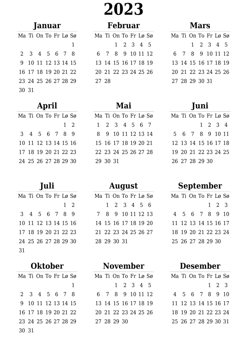 En kalender som viser de 12 månedene i et år, med uker og dager.