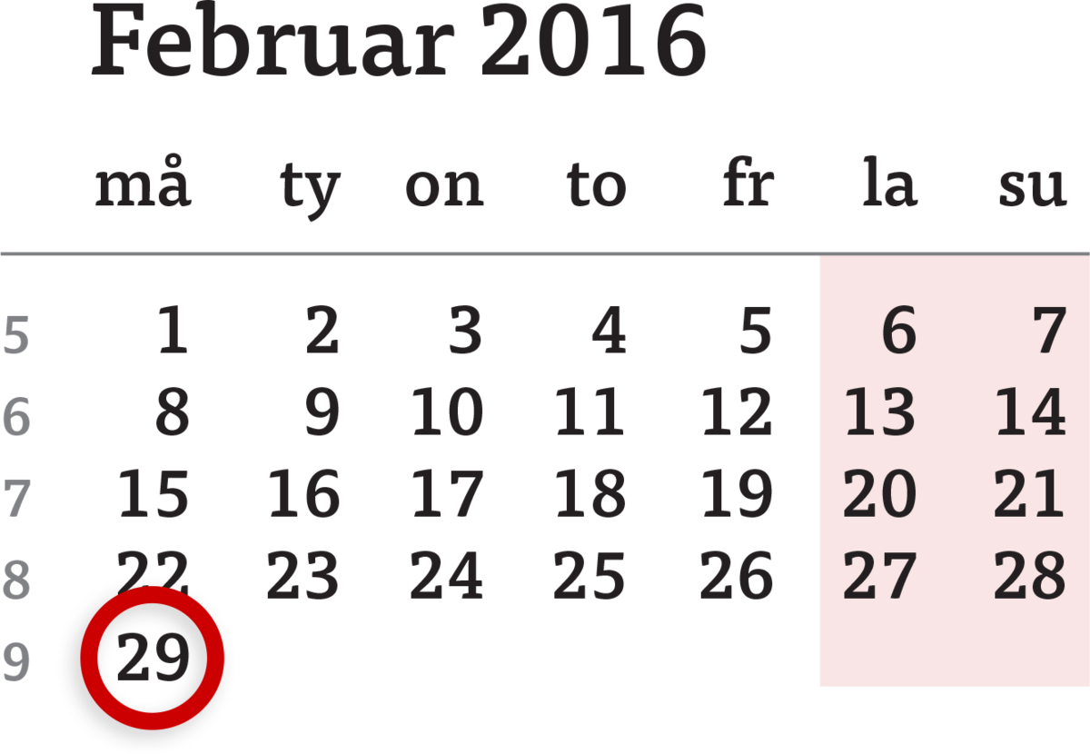Bildet viser en kalender med februar måned. Det er en rød sirkel rundt datoen 29.