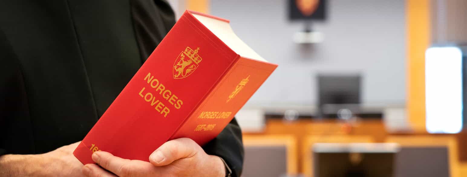 Nærbilde av armene og hendene til en person som holder en tykk bok med røde permer. Boken har det norske riksvåpenet og teksten NORGES LOVER på forsiden. Foto