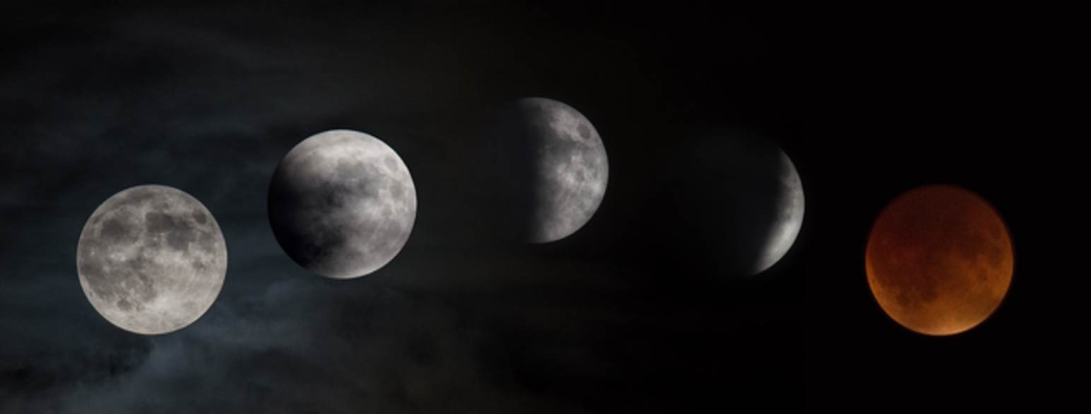 Illustrasjon av måneformørkelse. Ved full måneformørkelse blir månen rød. Bildet er satt sammen av flere bilder.