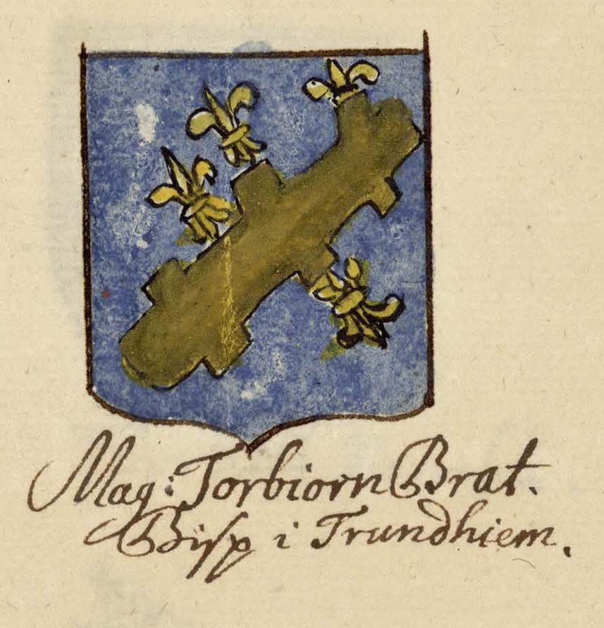 Magister Torbjørn Bratts våpen. I blått en skråstilt brun stokk fulgt av fire gull liljer, tre over og en under.