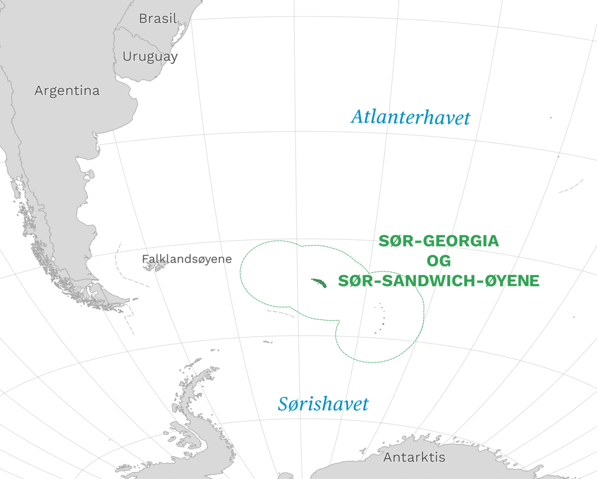 Plassering av Sør-Georgia og Sør-Sandwichøyene med naboland rundt, kart