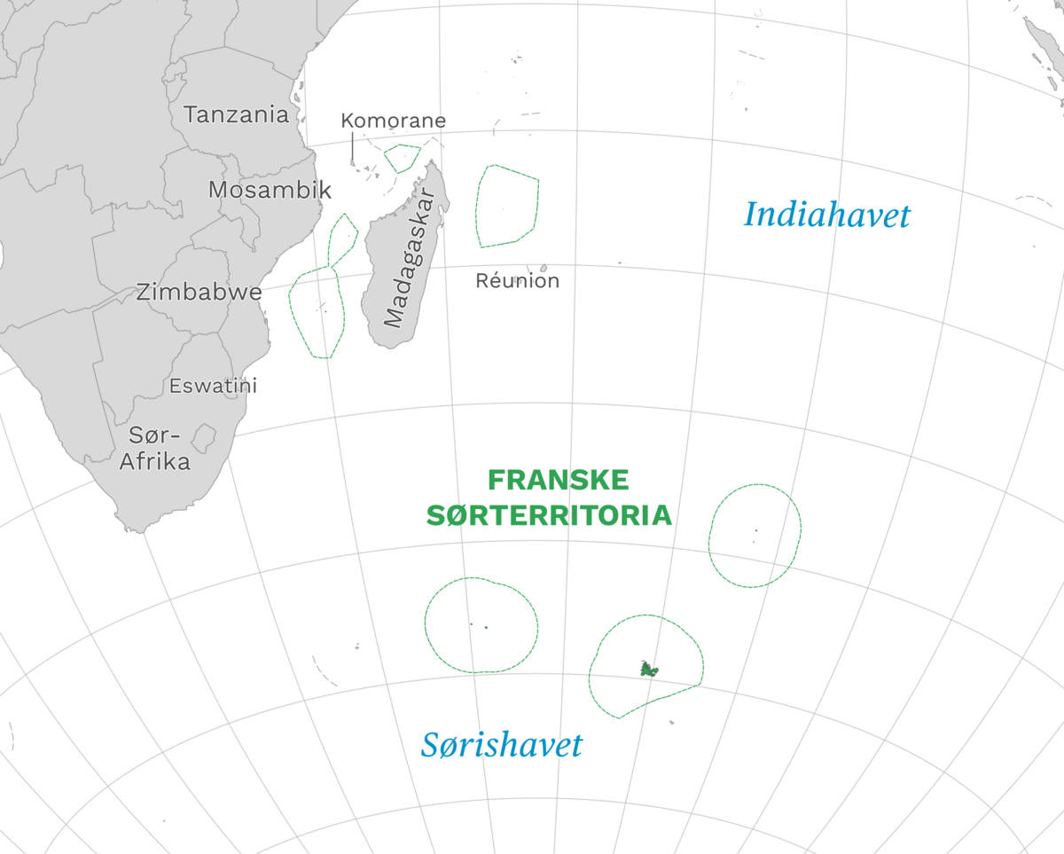 Plassering av Dei franske sørterritoria med naboland rundt, kart