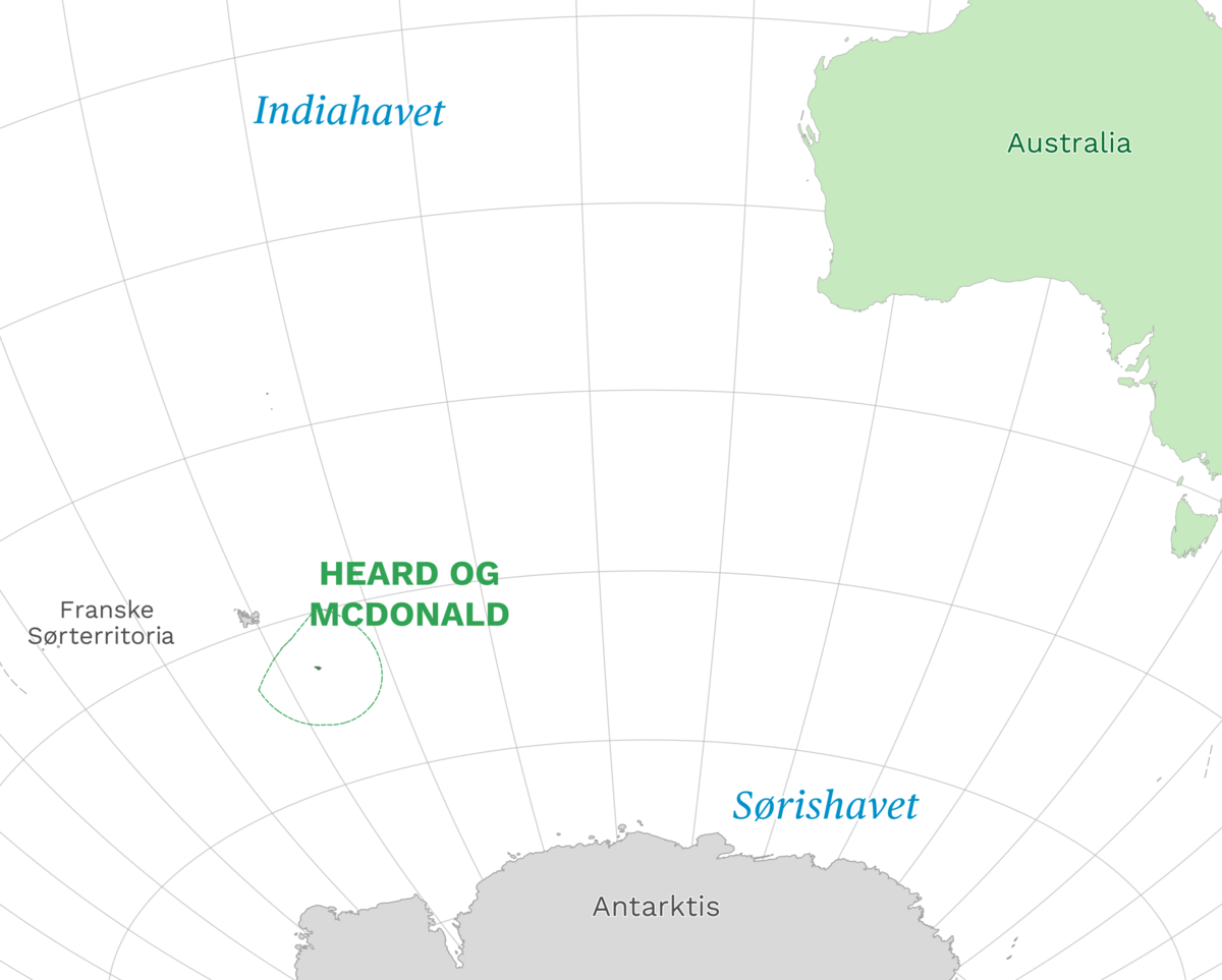 Plassering av Heard- og McDonald-øyane med naboland rundt, kart