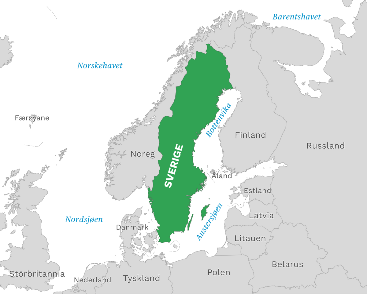 Plassering av Sverige med naboland rundt, kart.
