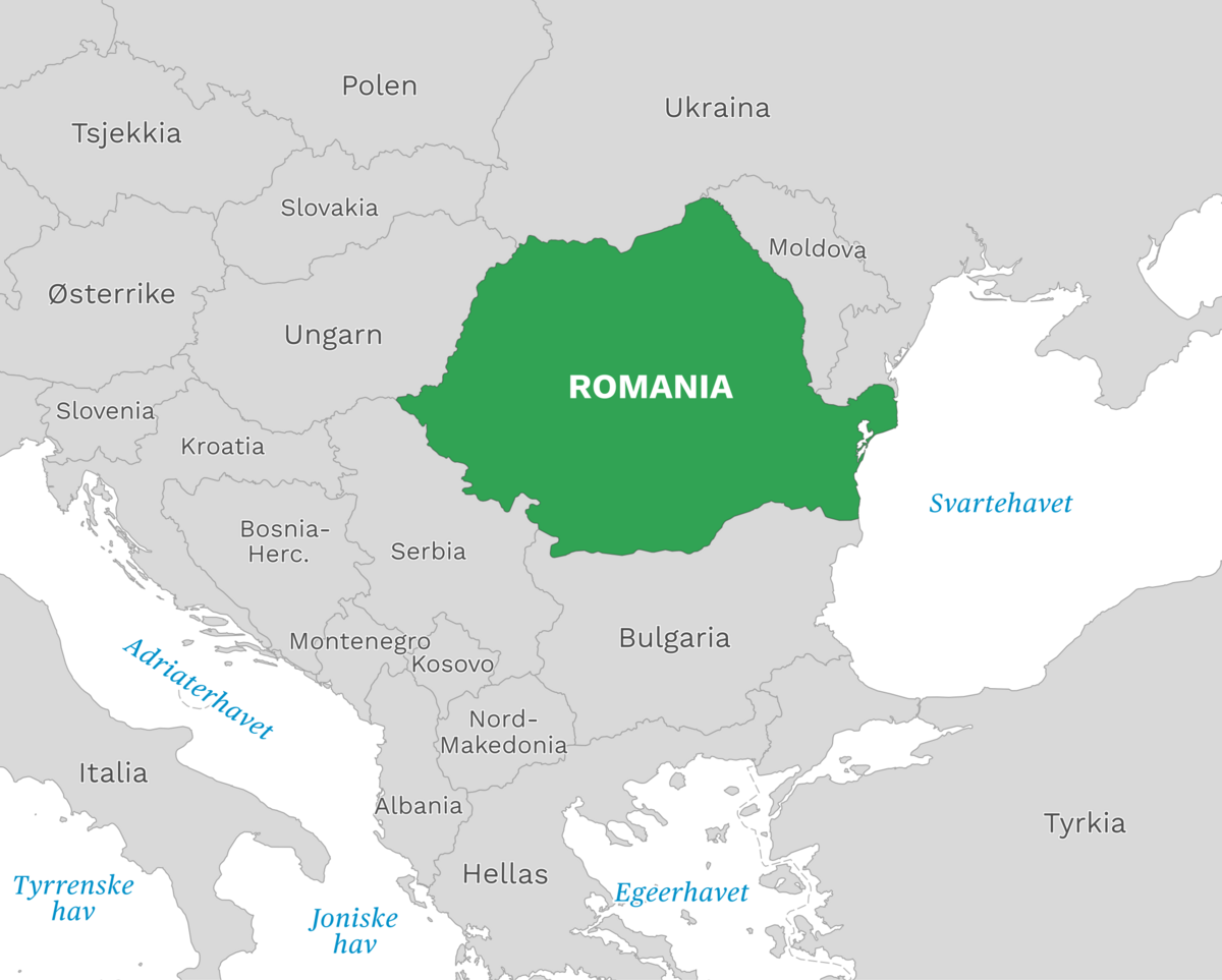 Plassering av Romania med naboland rundt, kart.