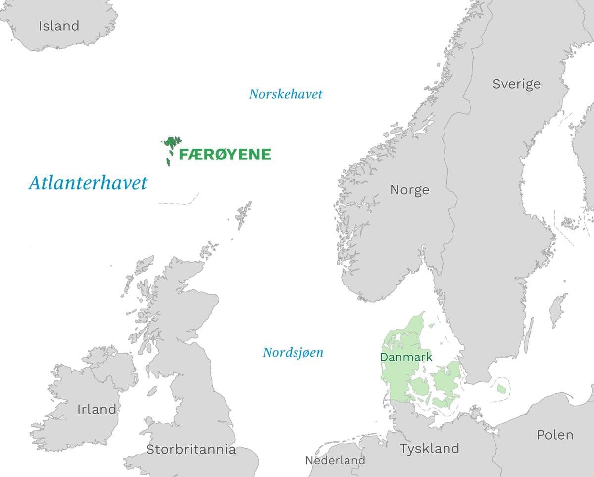Plassering av Færøyene med naboland rundt, kart.