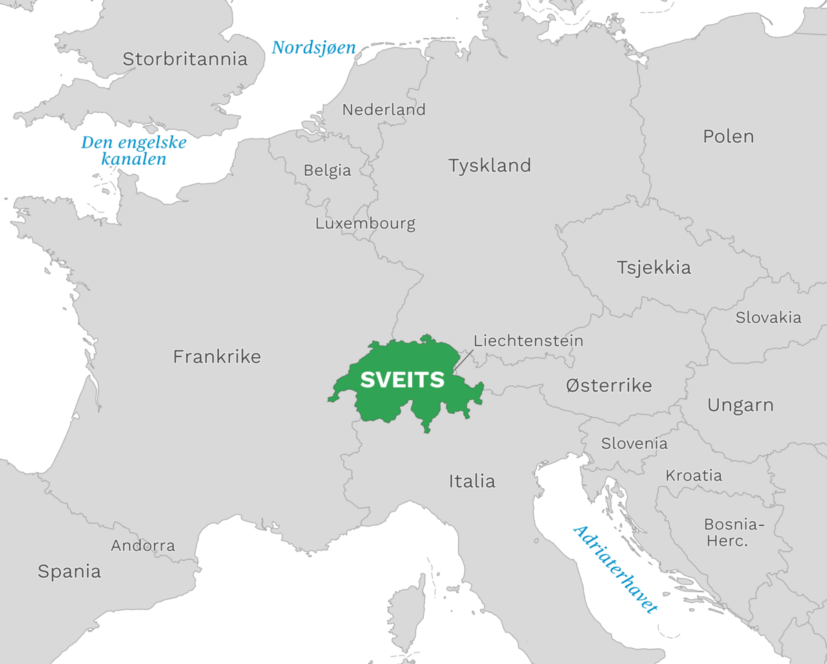 Plassering av Sveits med naboland rundt, kart.