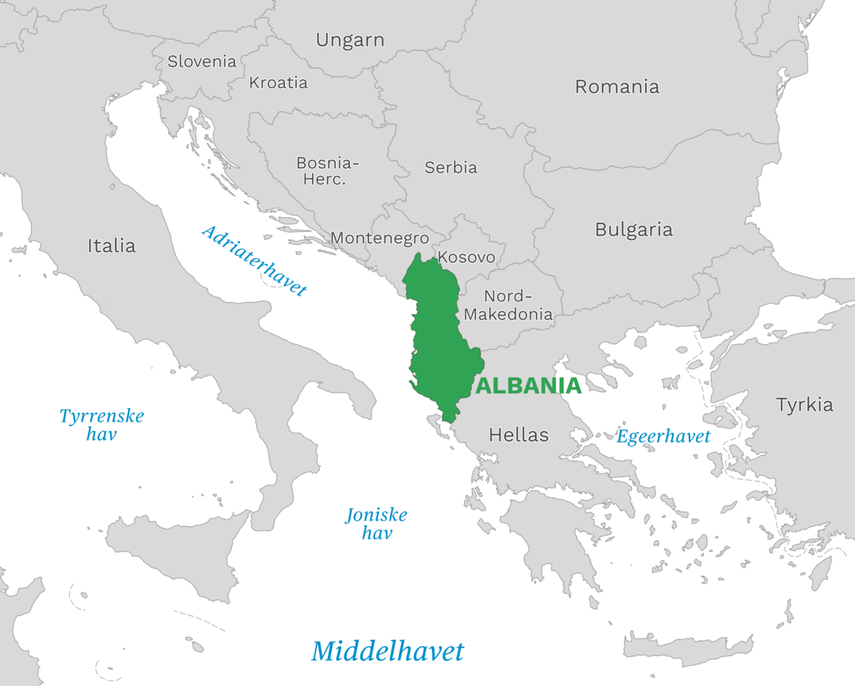 Plassering av Albania med naboland rundt, kart.