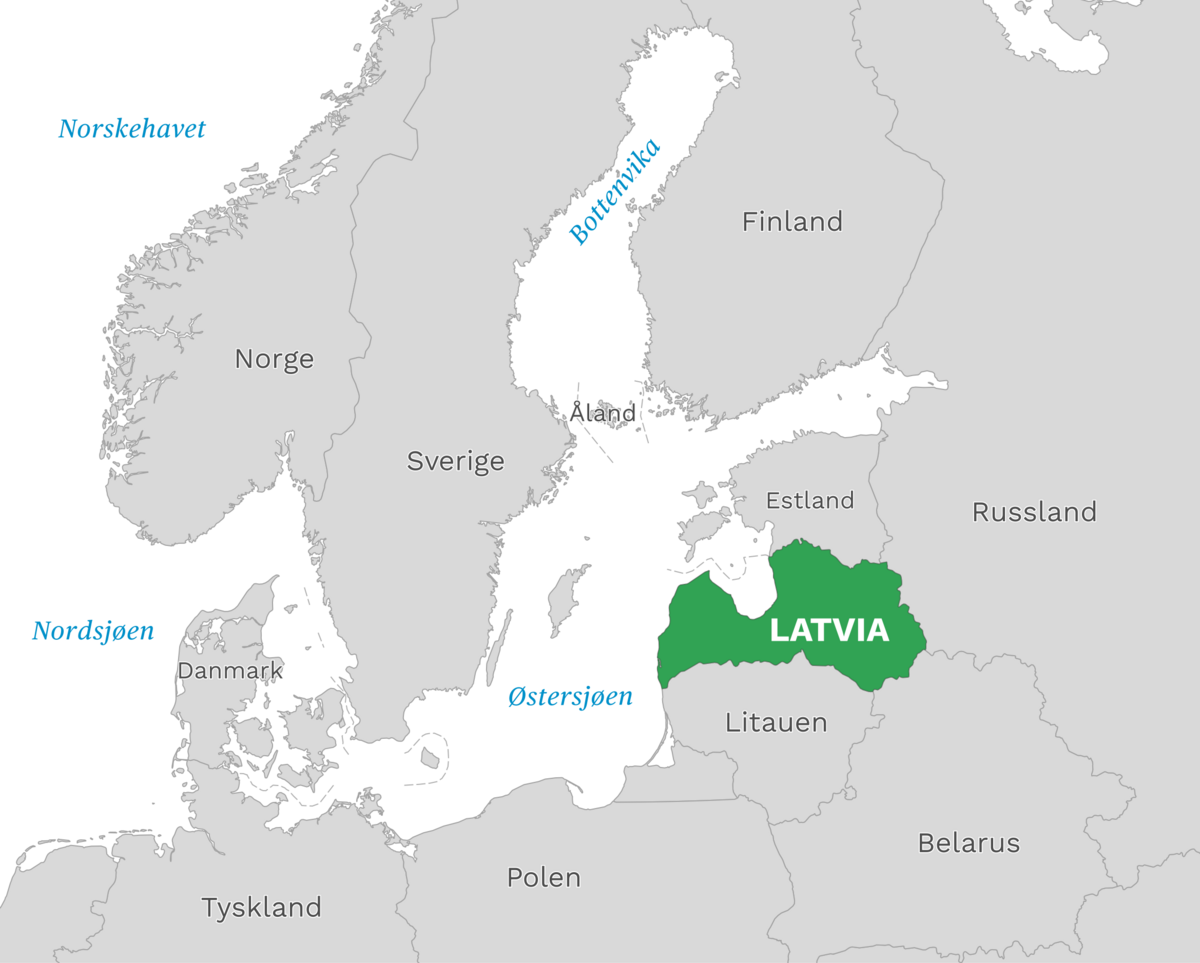 Plassering av Latvia med naboland rundt, kart.