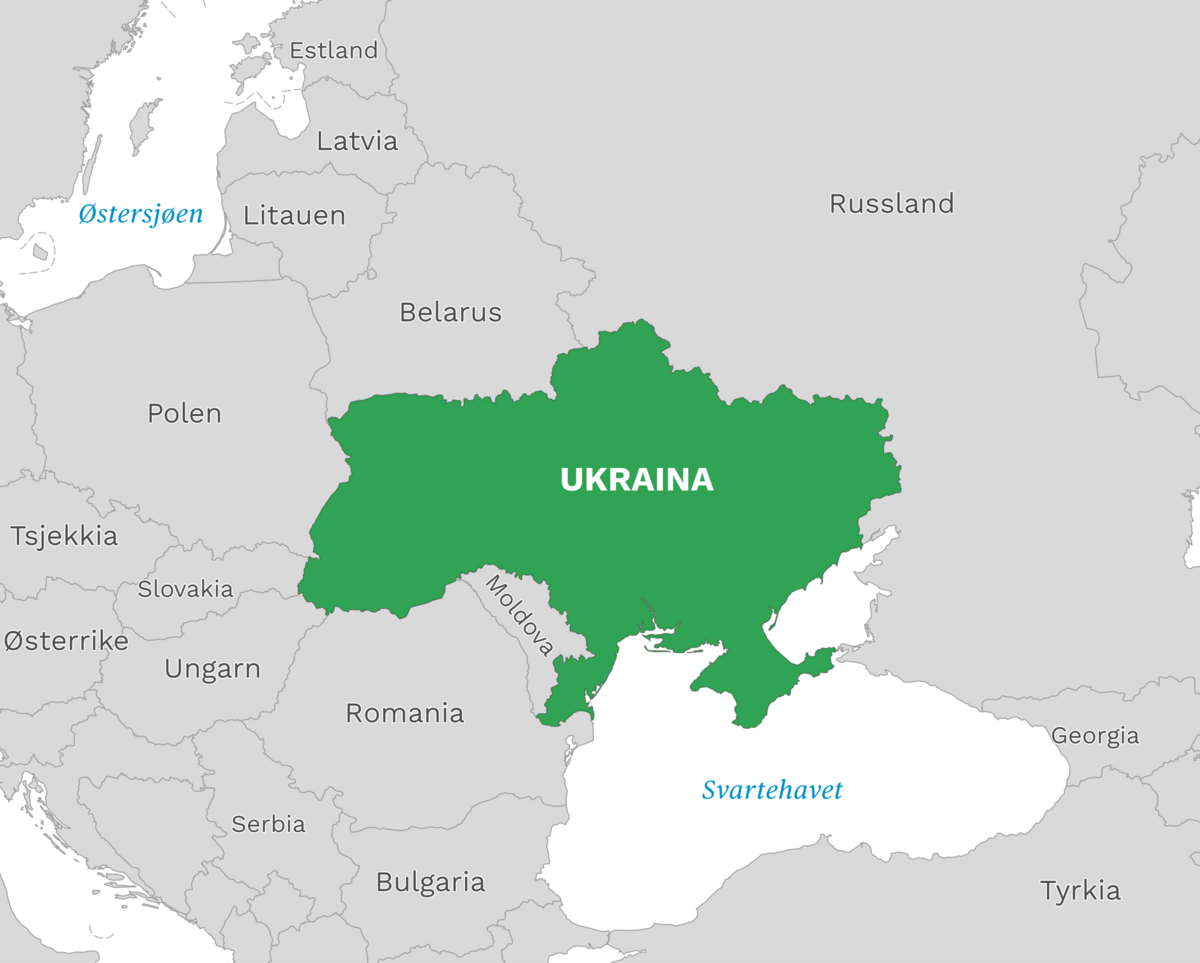 Plassering av Ukraina med naboland rundt, kart.