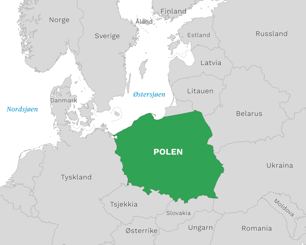 Plassering av Polen med naboland rundt, kart.