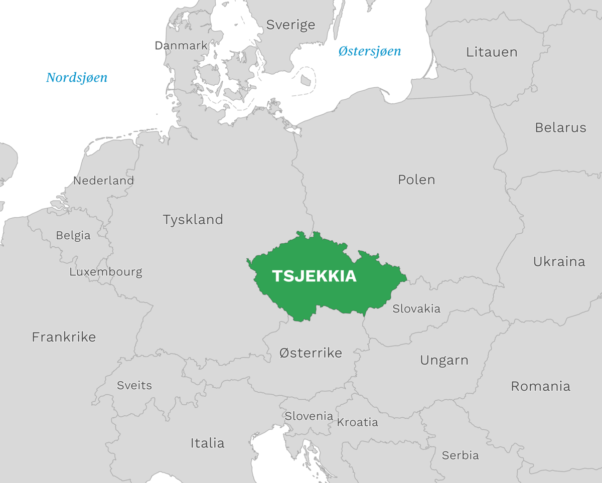Plassering av Tsjekkia med naboland rundt, kart.