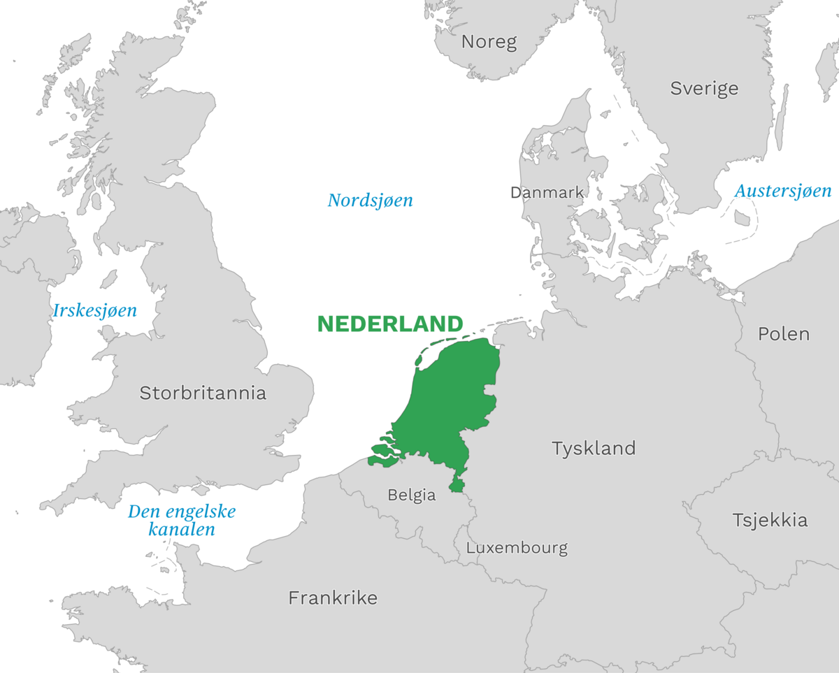 Plassering av Nederland med naboland rundt, kart.