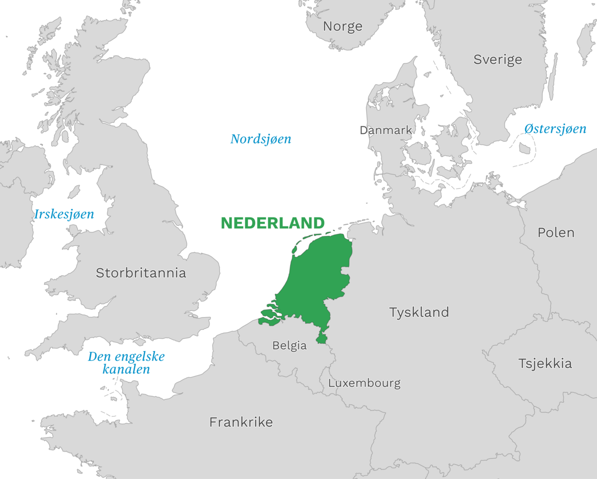 Plassering av Nederland med naboland rundt, kart