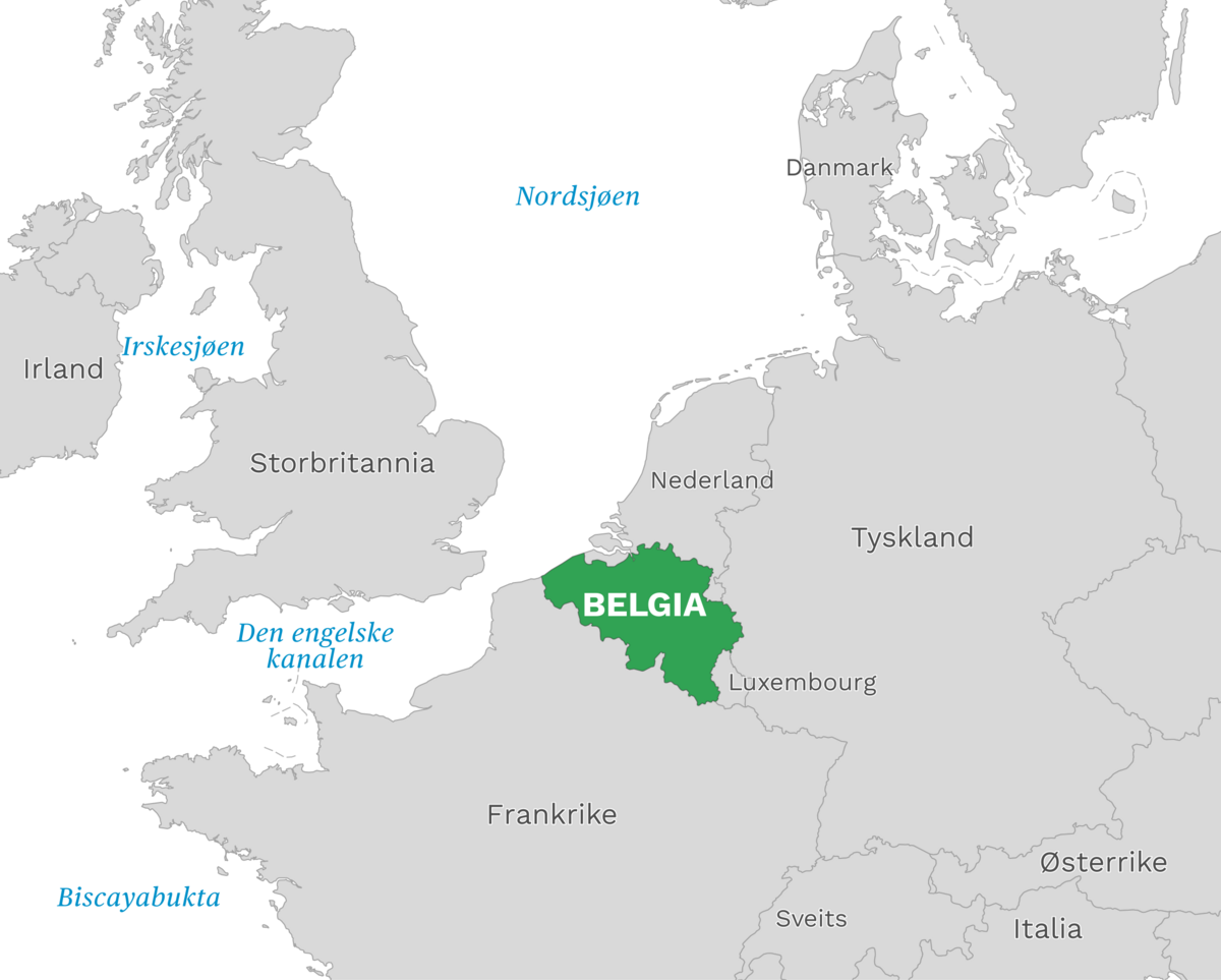 Plassering av Belgia med naboland rundt, kart.