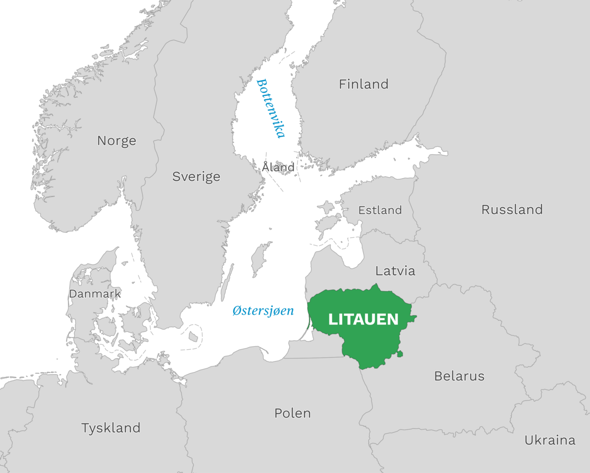 Plassering av Litauen med naboland rundt, kart.