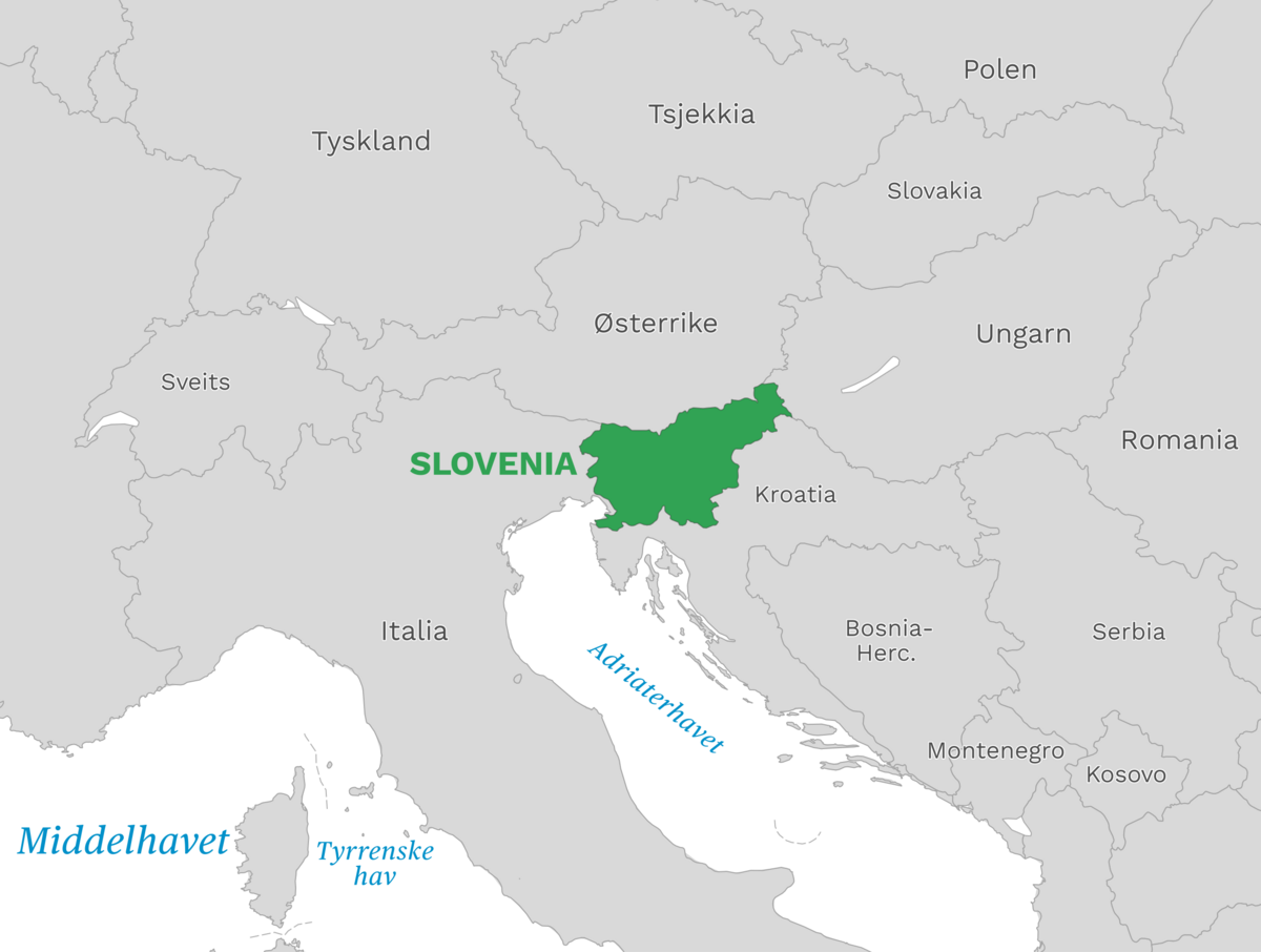 Plassering av Slovenia med naboland rundt, kart.