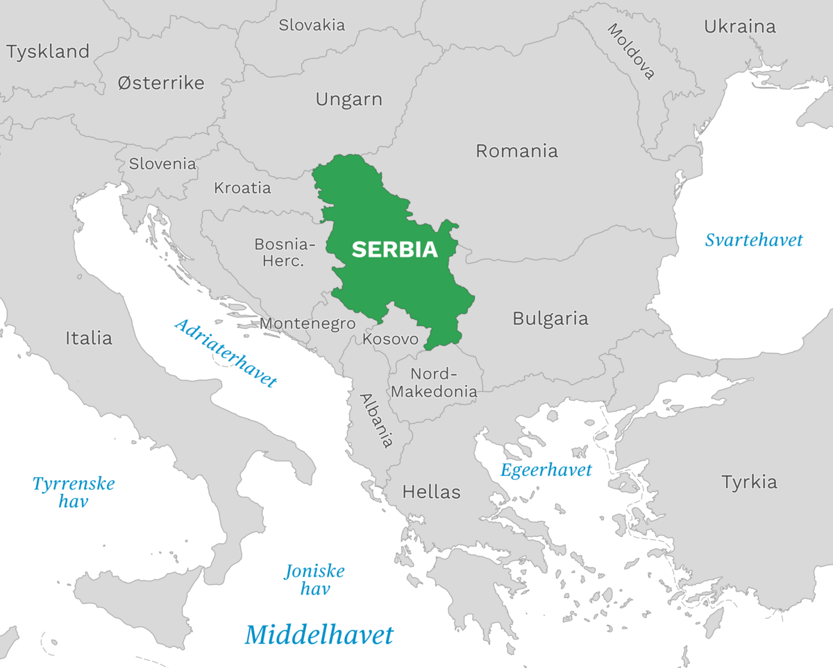 Plassering av Serbia med naboland rundt, kart.