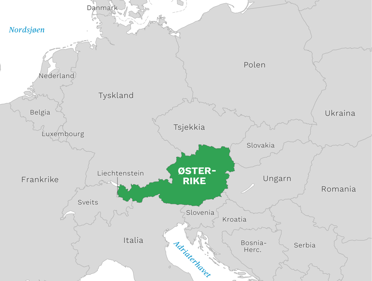 Plassering av Østerrike med naboland rundt, kart.