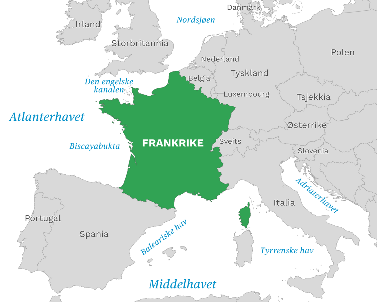 Plassering av Frankrike med naboland rundt, kart.