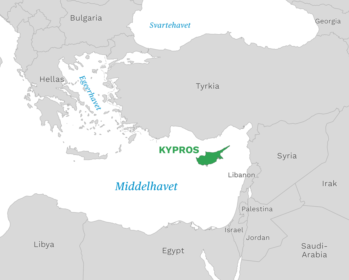 Plassering av Kypros med naboland rundt, kart.