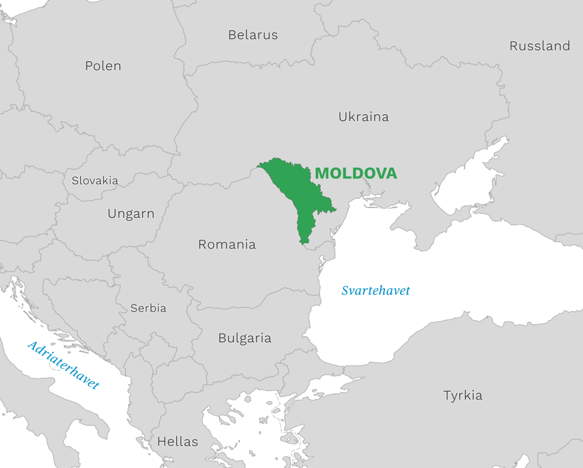 Plassering av Moldova med naboland rundt, kart.