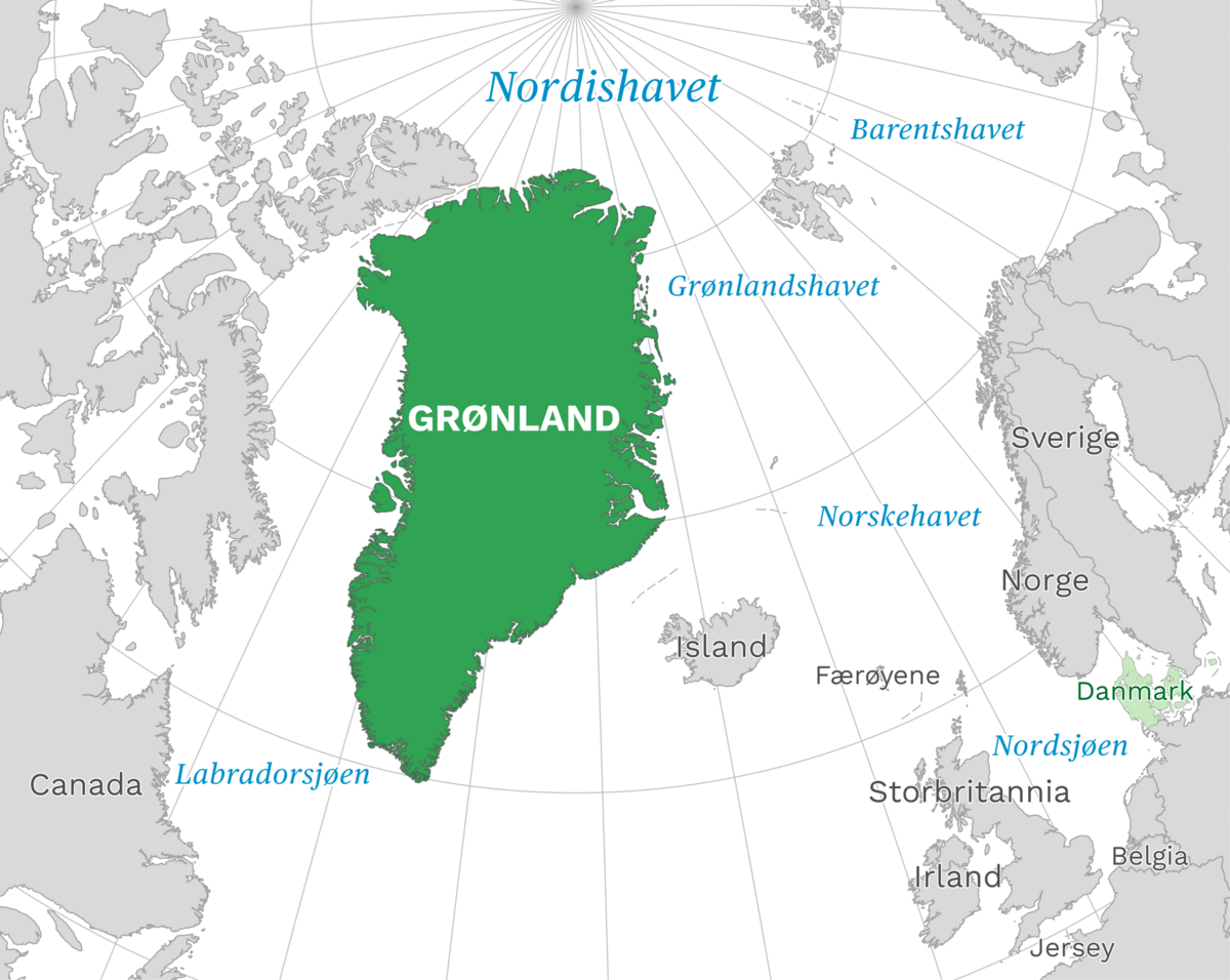 Plassering av Grønland med naboland rundt, kart