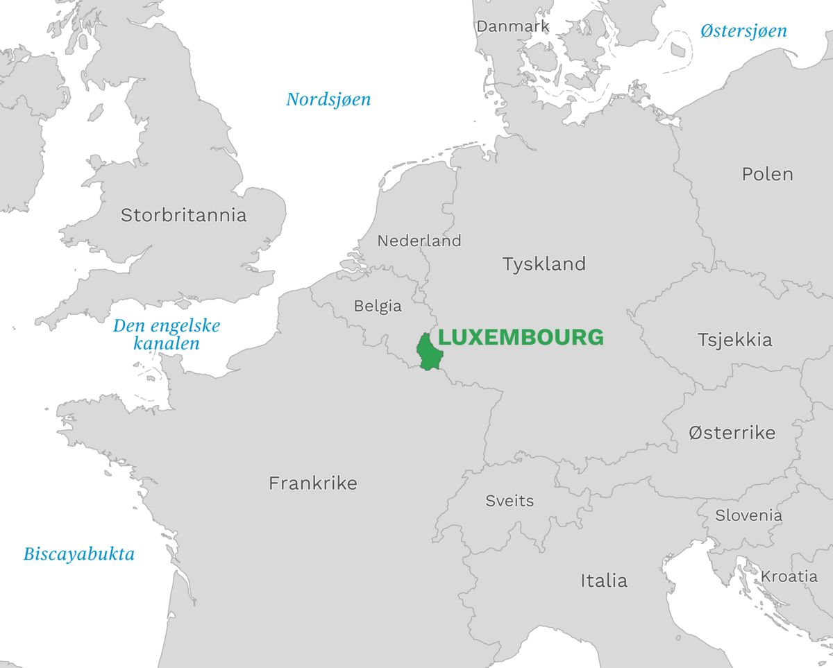 Plassering av Luxembourg med naboland rundt, kart.