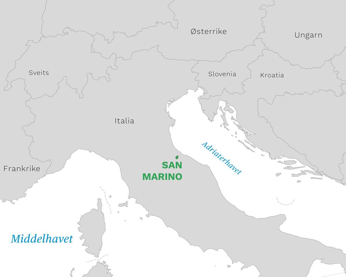 Plassering av San Marino med naboland rundt, kart.