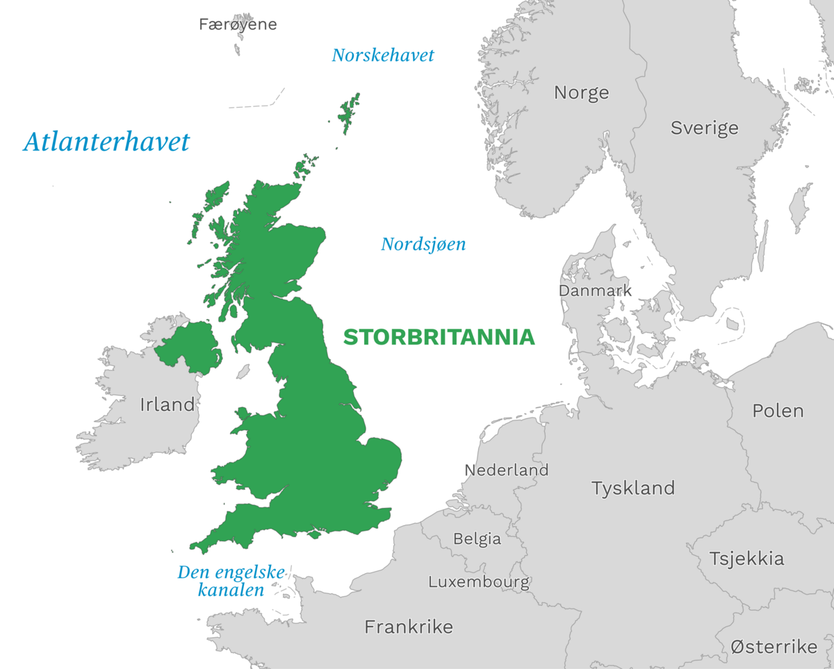 Plassering av Storbritannia med naboland rundt, kart.