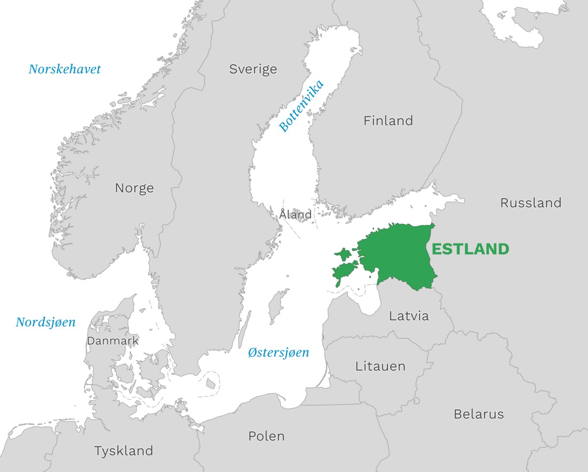 Plassering av Estland med naboland rundt, kart.