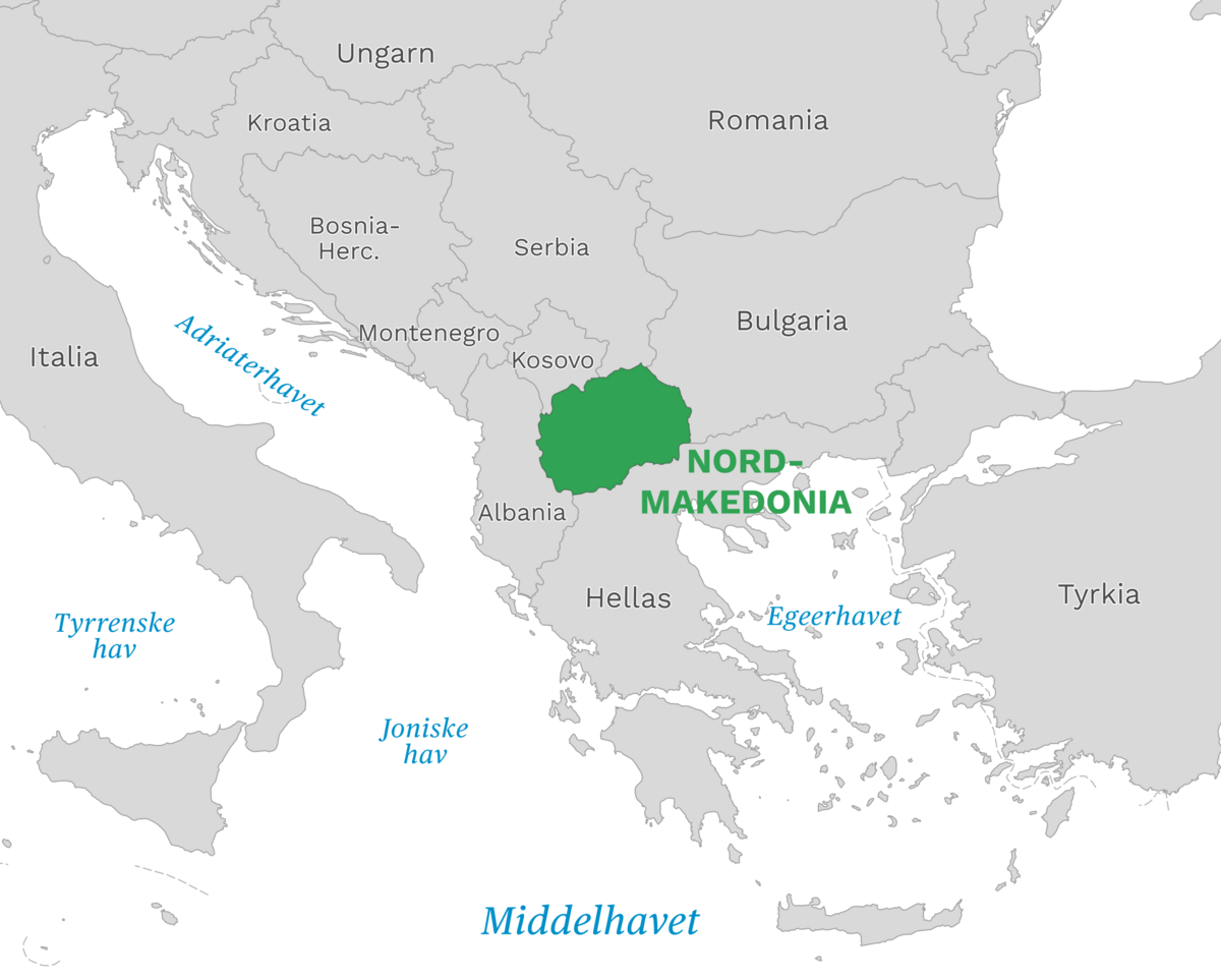 Plassering av Nord-Makedonia med naboland rundt, kart.