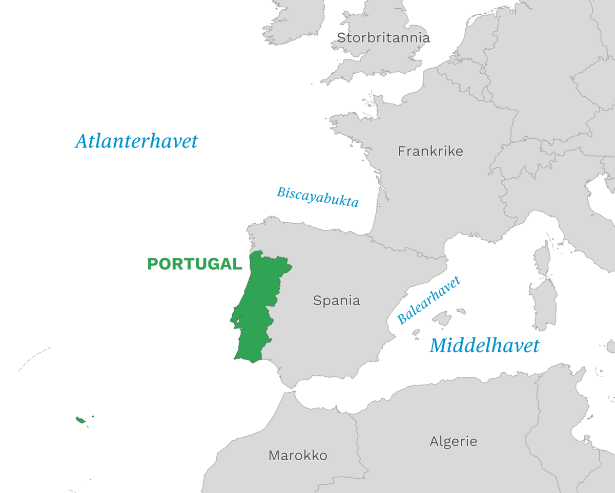 Plassering av Portugal med naboland rundt, kart.