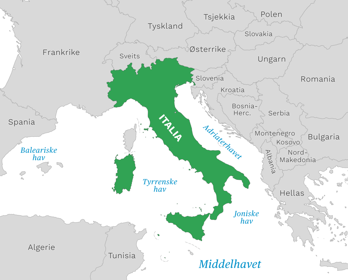 Plassering av Italia med naboland rundt, kart.