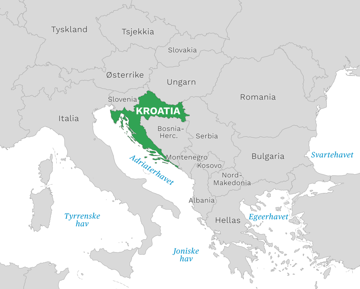 Plassering av Kroatia med naboland rundt, kart.
