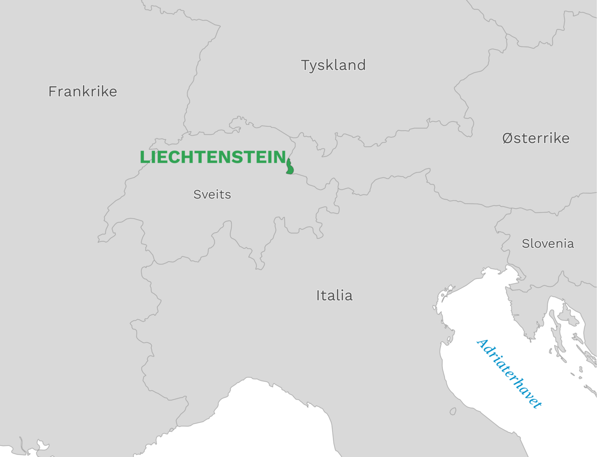Plassering av Liechtenstein med naboland rundt, kart.