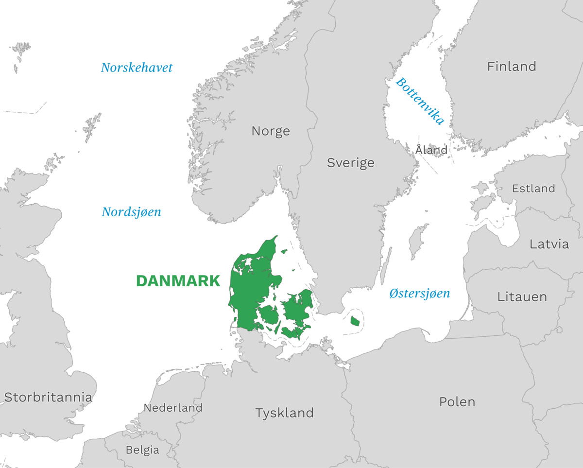 Plassering av Danmark med naboland rundt, kart.